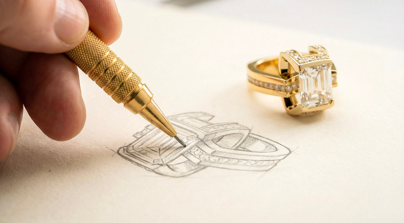 Gold ring design on paper with a hand holding a gold pen and a completed gold ring in the background.