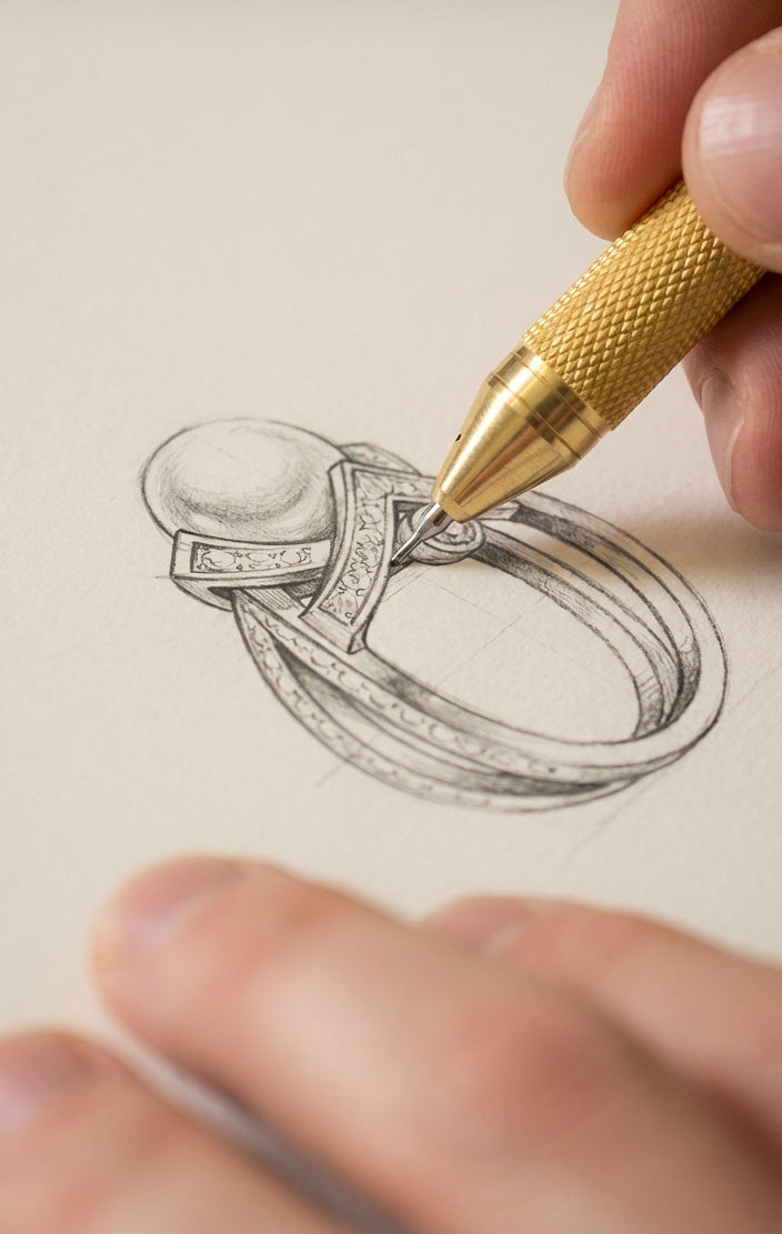 Close-up of a jewelry designer hand-sketching a detailed pearl ring concept using a precision mechanical pencil.