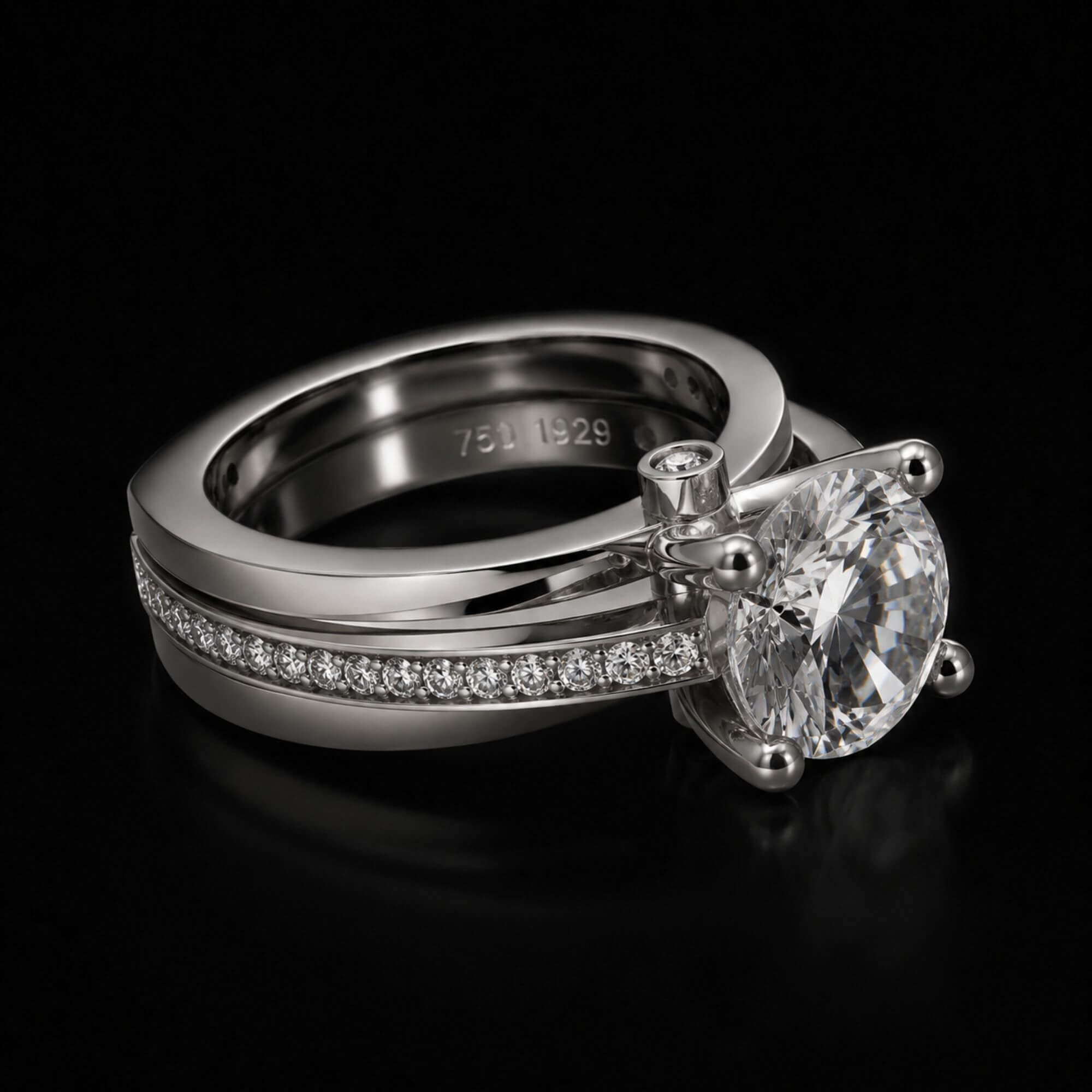 One-of-a-kind custom round diamond engagement ring in platinum with pavé diamond band, crafted by Demirjian master jeweler.