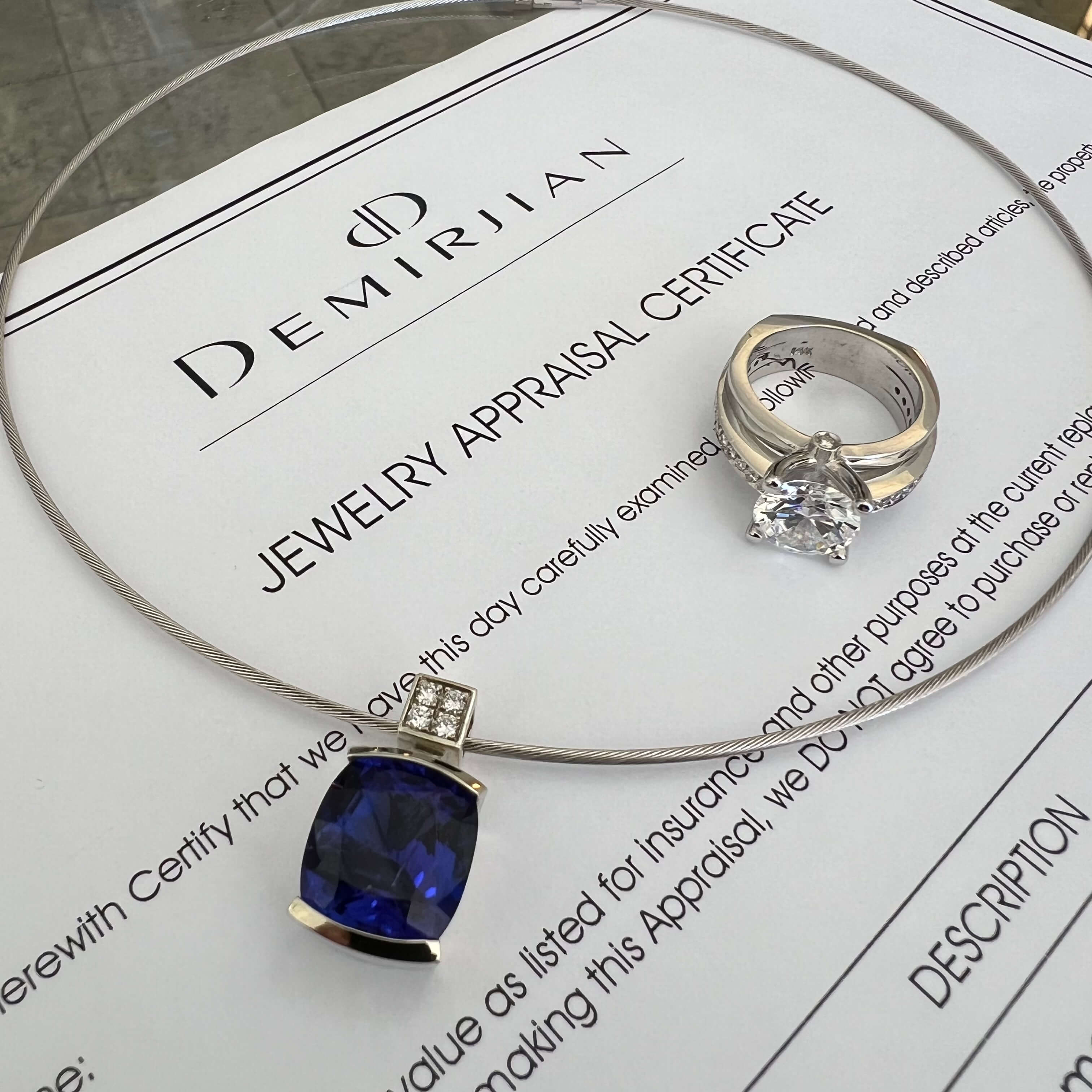 Demirjian Jewelry Design custom necklace and diamond ring with official appraisal.