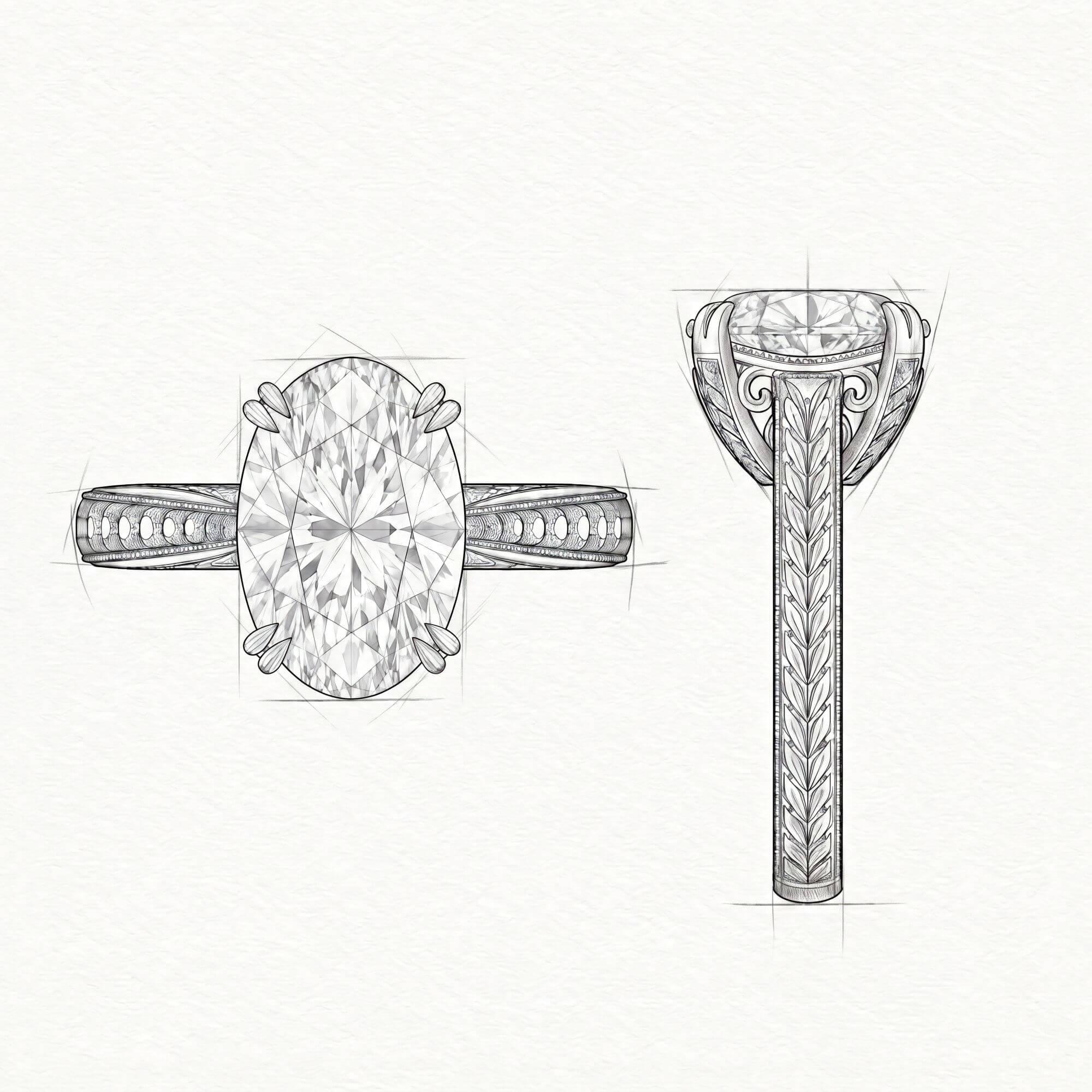 Hand-drawn sketch of a custom oval diamond engagement ring design with intricate floral engravings and pavé detailing.
