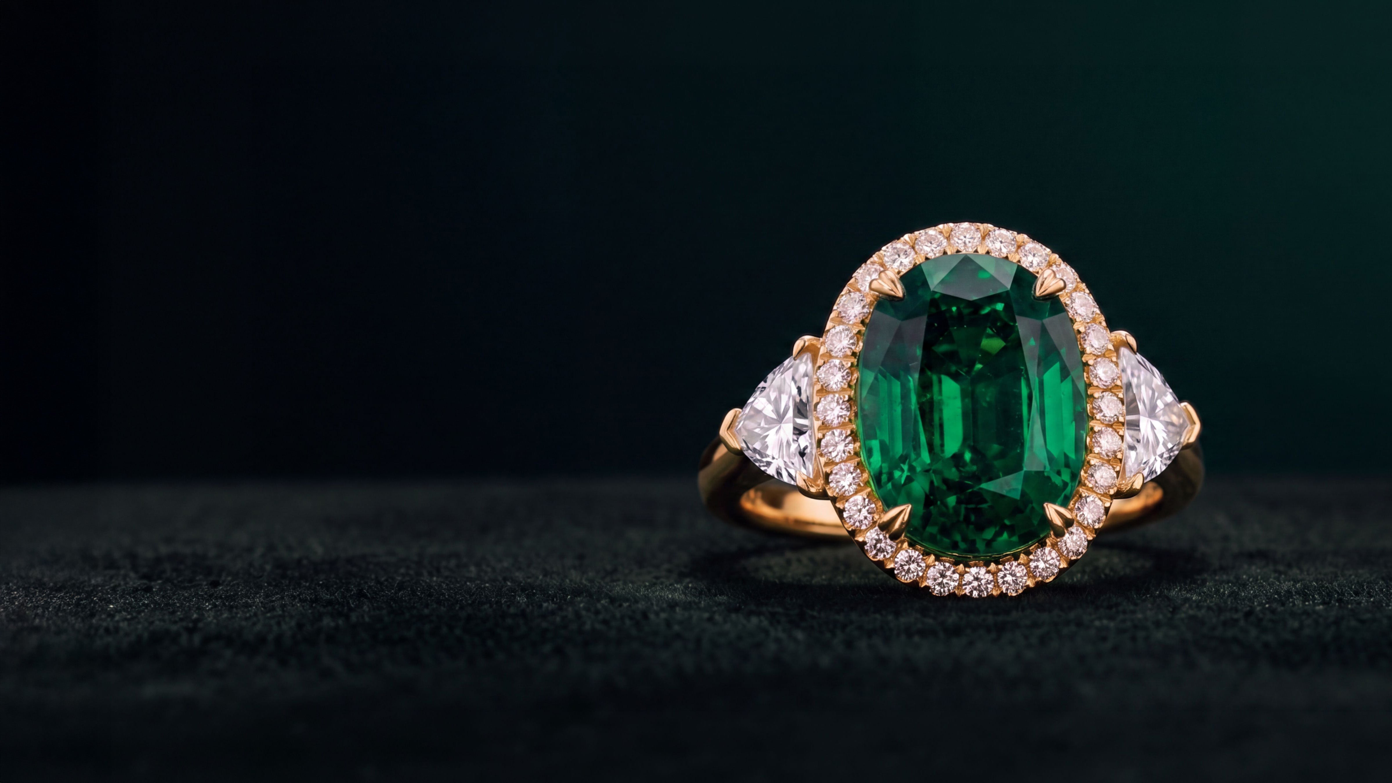 Oval emerald engagement ring in yellow gold with diamond halo and trillion-cut side diamonds, luxury custom design.