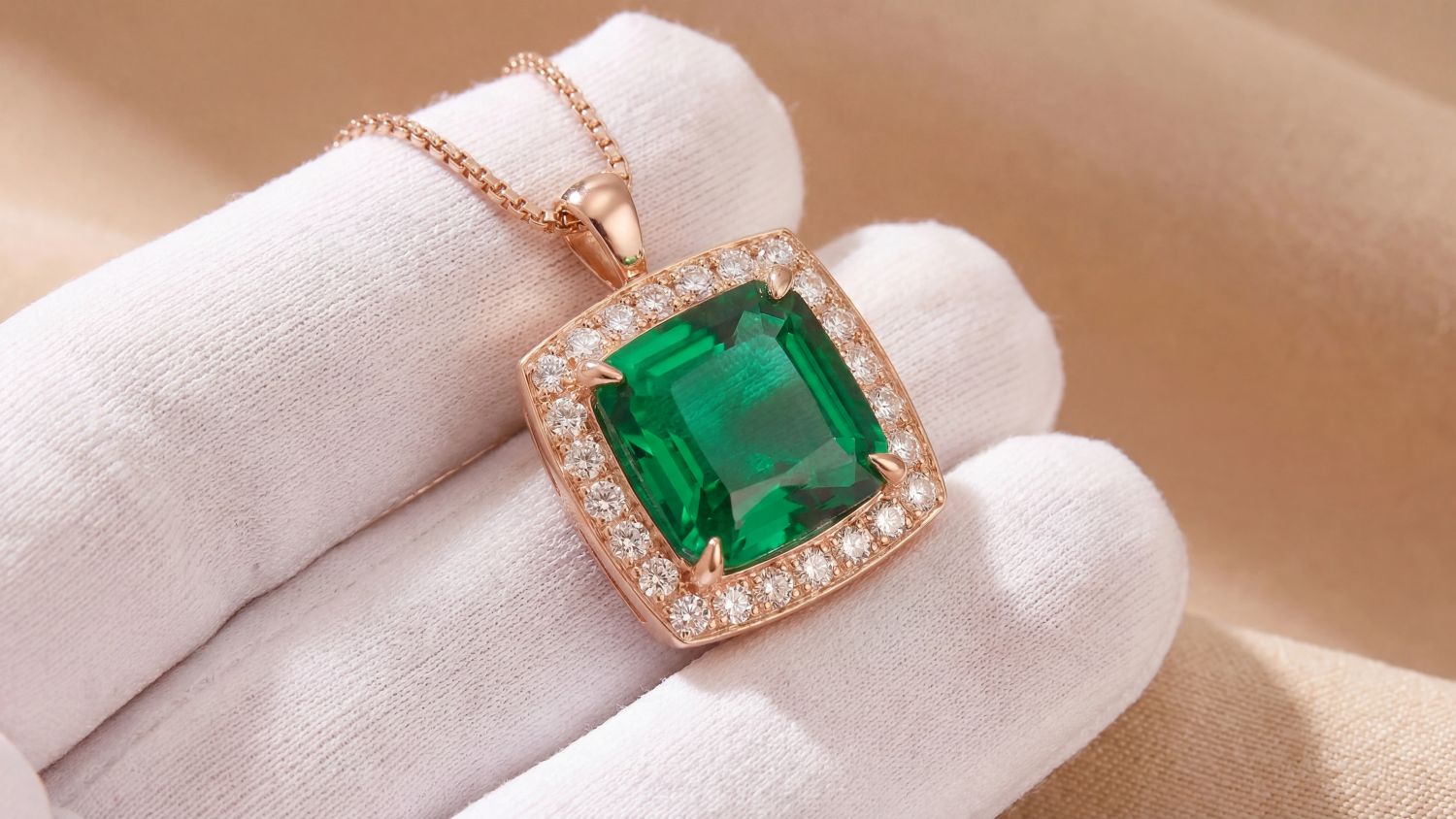 Rose gold pendant featuring a cushion-cut green emerald surrounded by a diamond halo, displayed on a gloved hand.