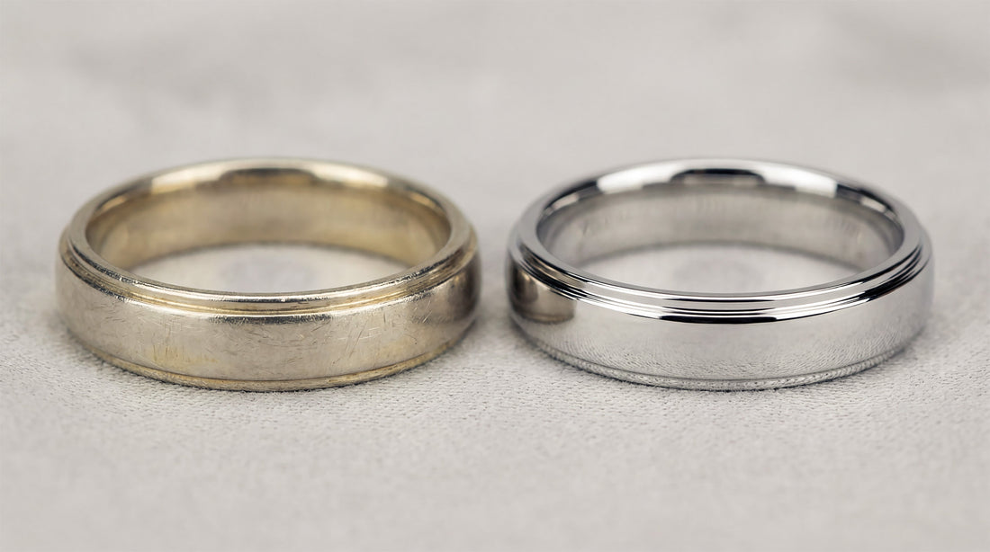 White gold wedding band before and after rhodium plating showing yellowing on left and bright white finish on right.