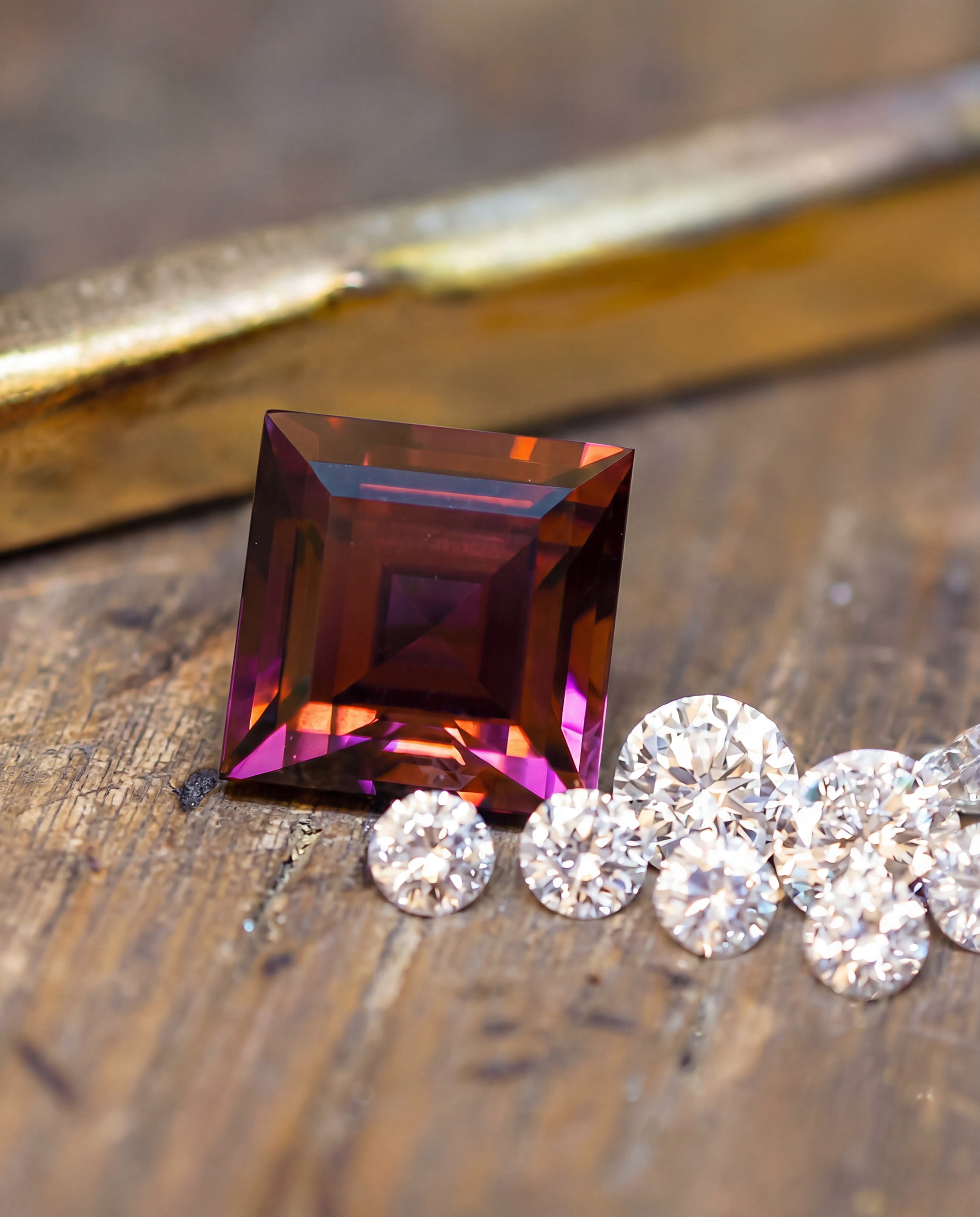 Square-cut gemstone with round diamonds on a wooden surface.