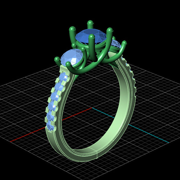 3D CAD rendering of a custom three-stone engagement ring with round center diamond, side stones, and pavé band detail.