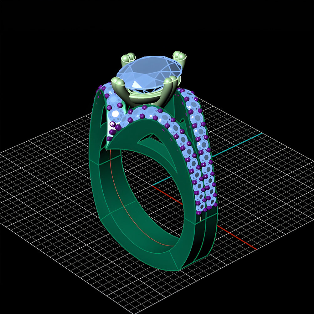 A 3D cad model of a ring with a diamond in the center, which Demirjian Jewelry Design offers as a service. 