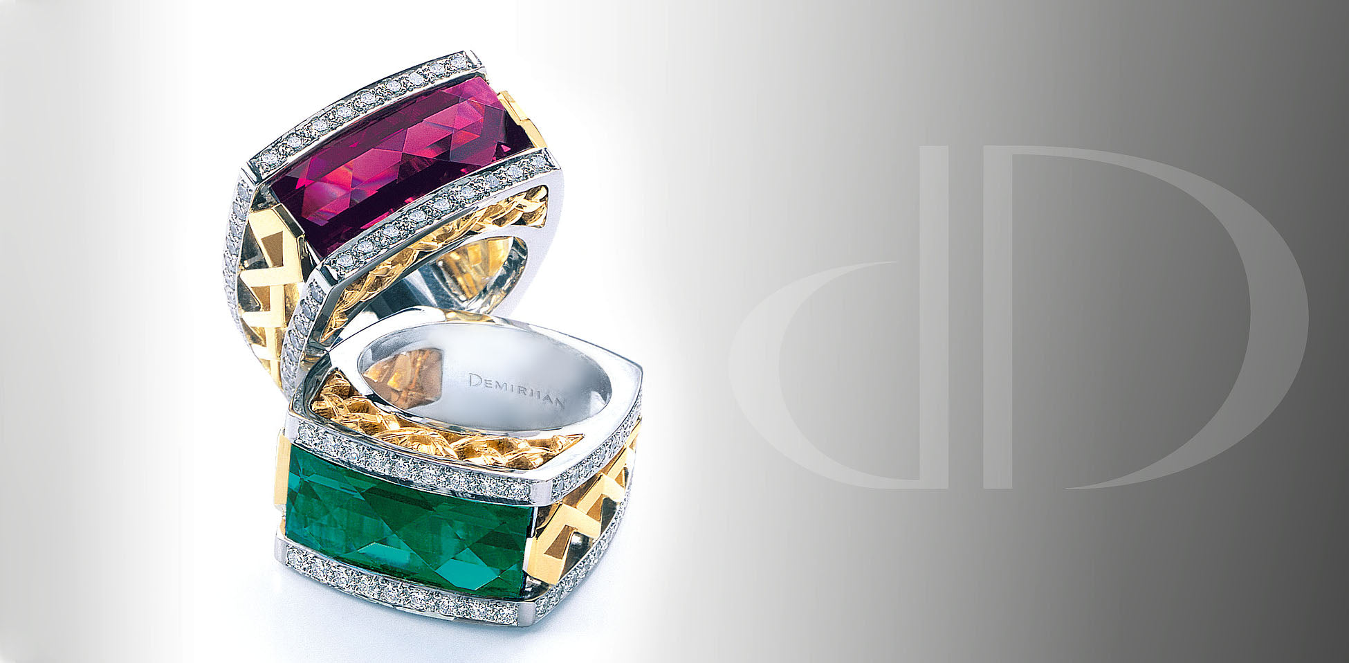 Exotic men's jewelry rings by Demirjian showcasing vibrant gemstones, diamonds, and 18k white and yellow gold designs, this is luxury jewelry for men.