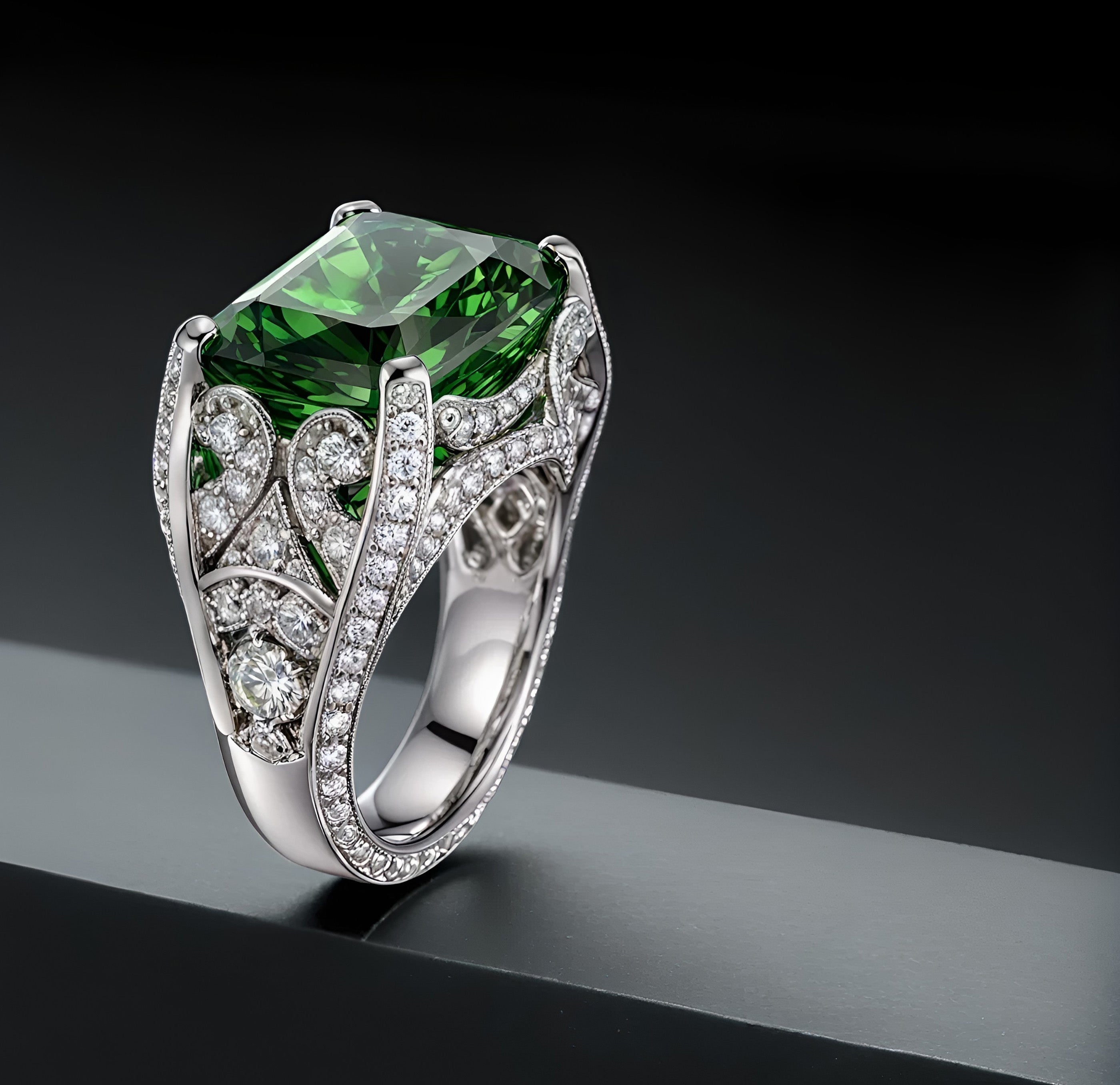 Artistic custom ring by Garo Demirjian featuring a large emerald-cut green gemstone surrounded by intricate scrollwork set with round brilliant diamonds.