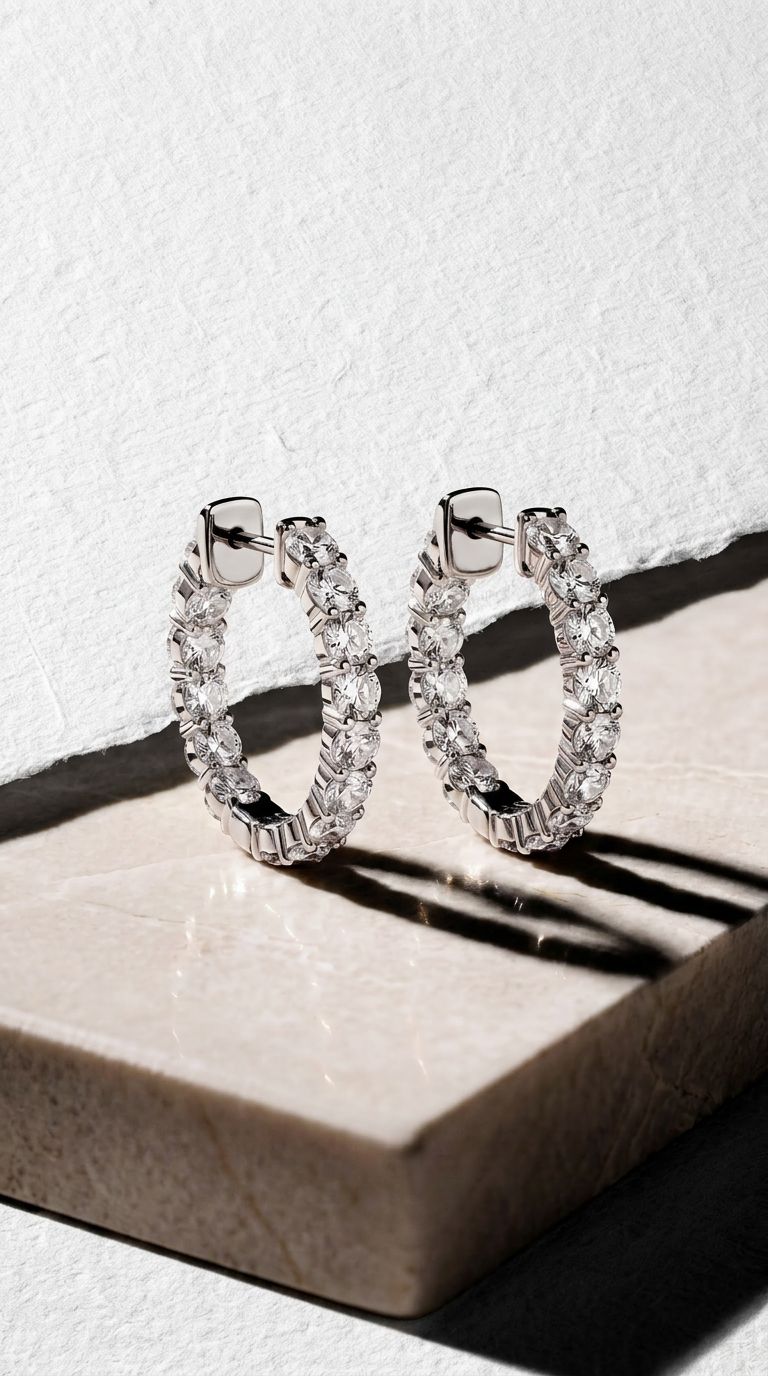 A pair of sparkling diamond inside-out hoop earrings from the Demirjian Jewelry Design L'Alliance Collection, standing upright on a light stone surface against a textured white paper backdrop.