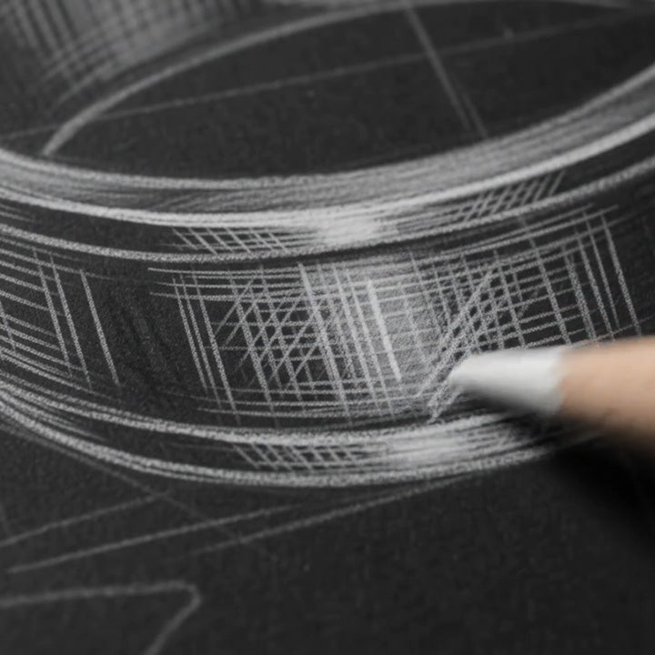 A close-up of a jewelry drawing pencil erasing or smoothing fine chalk lines on a dark charcoal surface.