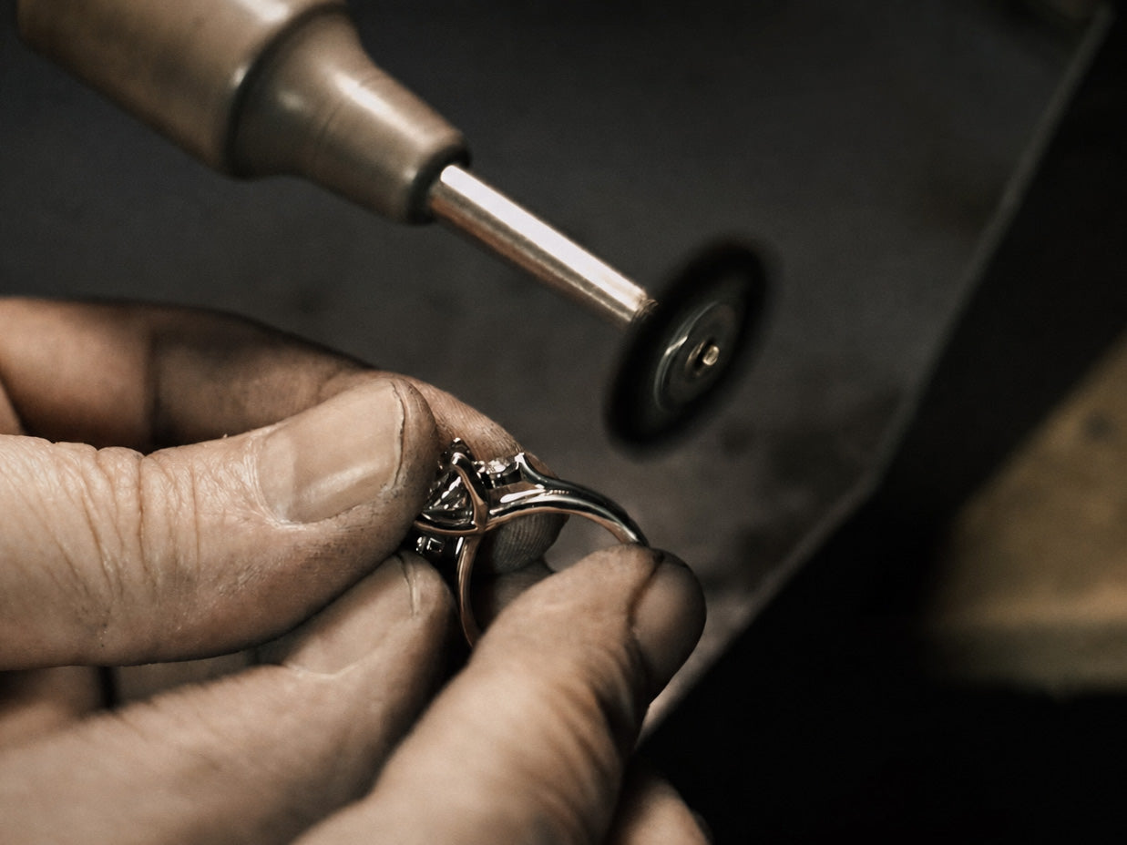Jeweler polishing a custom engagement ring with a rotary tool in a professional jewelry atelier.