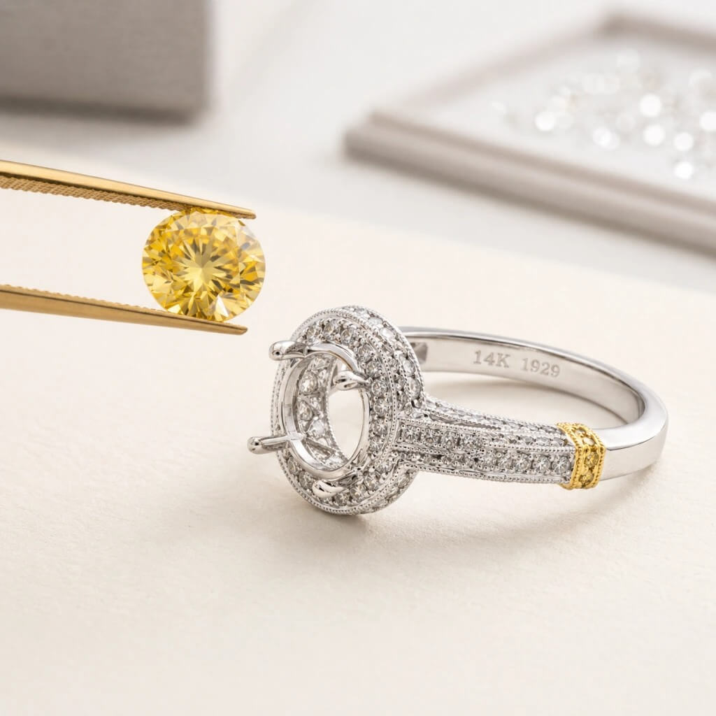 An heirloom round yellow diamond being reset into a custom white gold pavé halo ring by master jeweler Garo Demirjian.