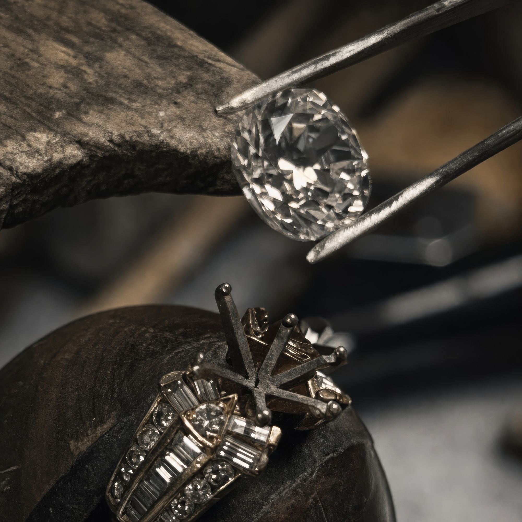 A close-up of a diamond ring setting held in tweezers above a workbench, with a finished diamond ring below in a dark atelier.